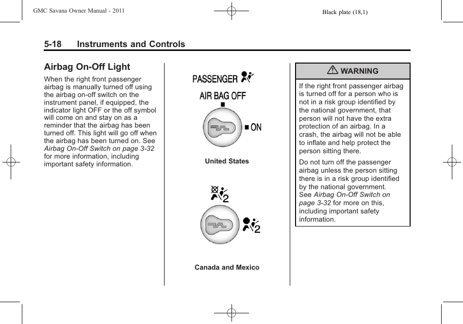 Airbag on-off light, Airbag on-off light -18 | GMC 2011 Savana User Manual | Page 134 / 410