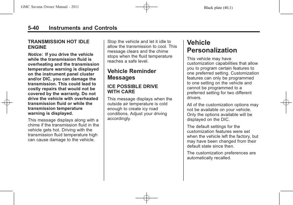 Vehicle reminder messages, Vehicle personalization, Personalization -40 | Drive systems, Vehicle reminder, Messages -40, Vehicle personalization -40 | GMC 2011 Savana User Manual | Page 156 / 410