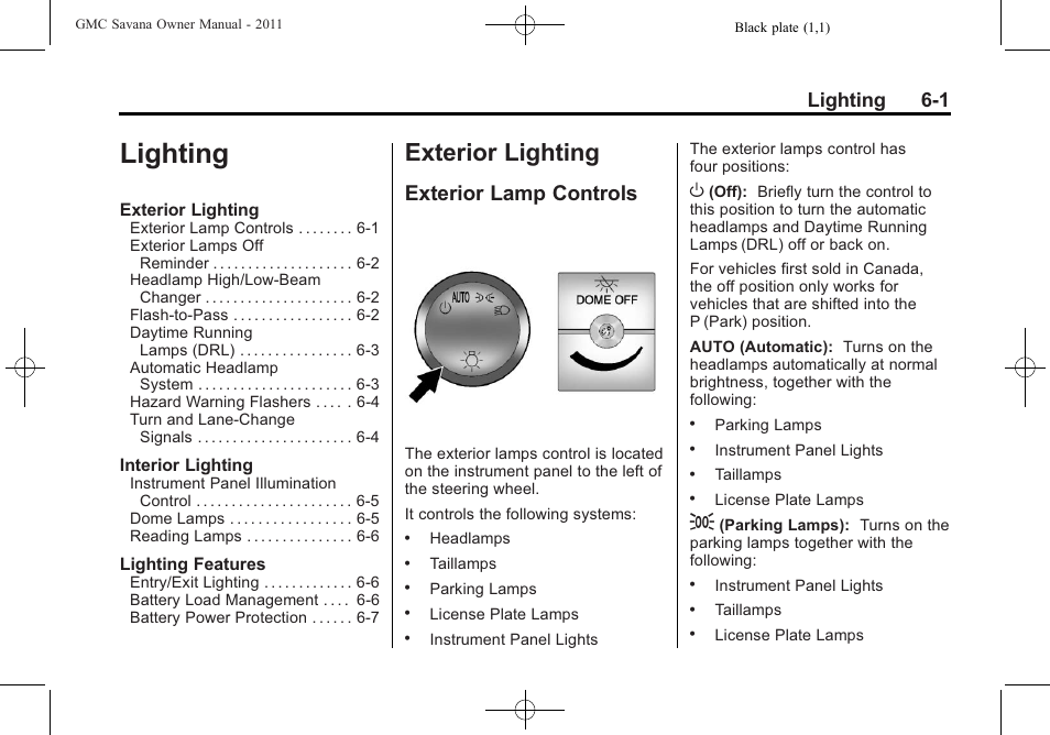 Lighting, Exterior lighting, Exterior lamp controls | Exterior lighting -1, Lighting 6-1 | GMC 2011 Savana User Manual | Page 163 / 410