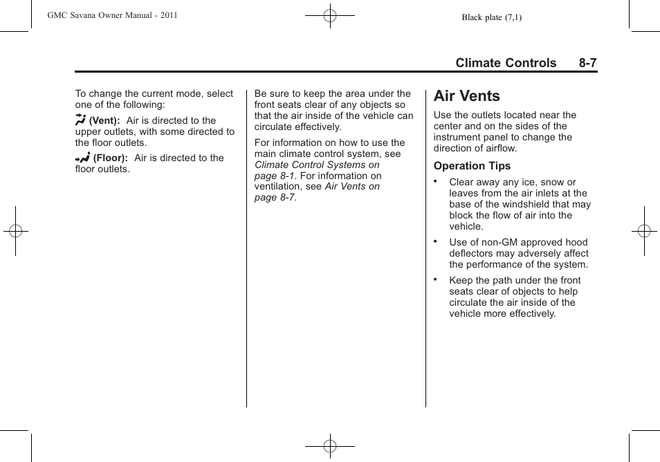 Air vents, Air vents -7, Climate controls 8-7 | GMC 2011 Savana User Manual | Page 207 / 410