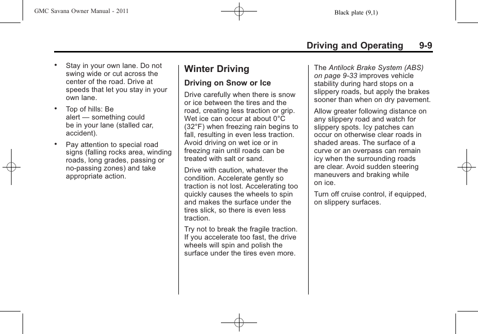 Winter driving, Winter driving -9, Driving and operating 9-9 | GMC 2011 Savana User Manual | Page 217 / 410