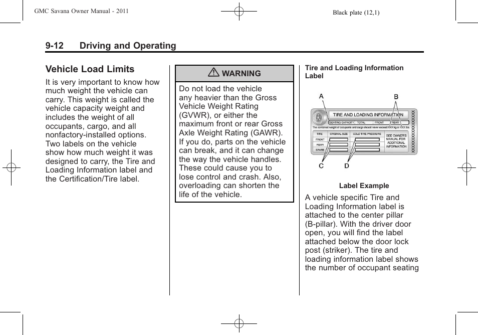 Vehicle load limits, Vehicle load limits -12 | GMC 2011 Savana User Manual | Page 220 / 410