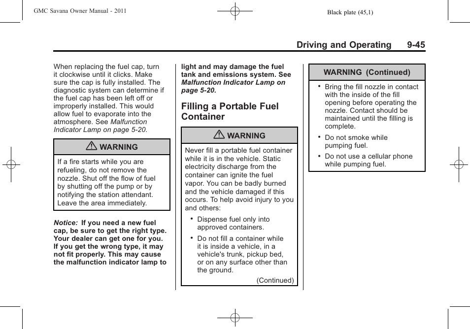 Filling a portable fuel container, Filling a portable fuel, Container -45 | Driving and operating 9-45 | GMC 2011 Savana User Manual | Page 253 / 410