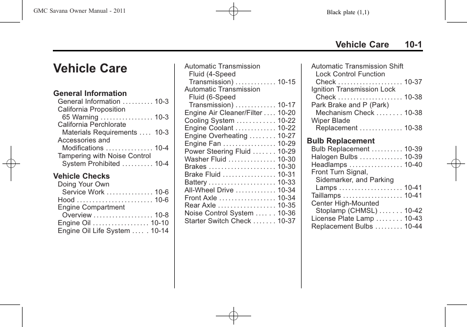 Vehicle care, Vehicle care -1, Vehicle care 10-1 | GMC 2011 Savana User Manual | Page 267 / 410
