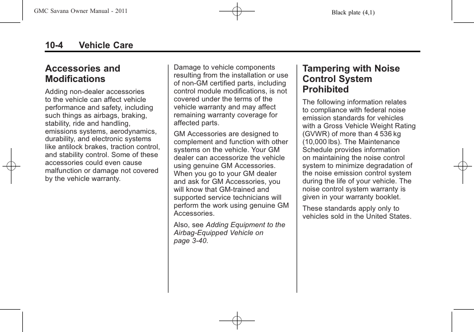 Accessories and modifications, Tampering with noise control system prohibited, Accessories and | Modifications -4, Tampering with noise control, System prohibited -4 | GMC 2011 Savana User Manual | Page 270 / 410