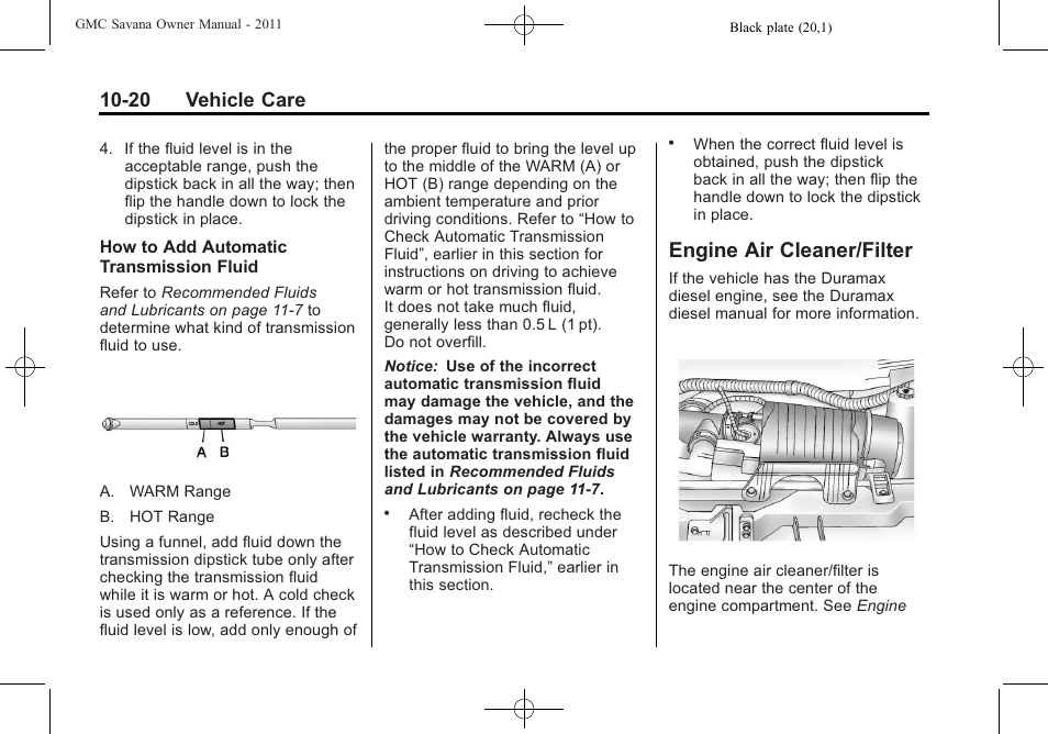 Engine air cleaner/filter, Engine air cleaner/filter -20, Engine air cleaner/filter on | 20 vehicle care | GMC 2011 Savana User Manual | Page 286 / 410