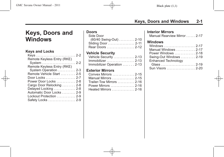Keys, doors and windows, Keys, doors and windows -1 | GMC 2011 Savana User Manual | Page 29 / 410