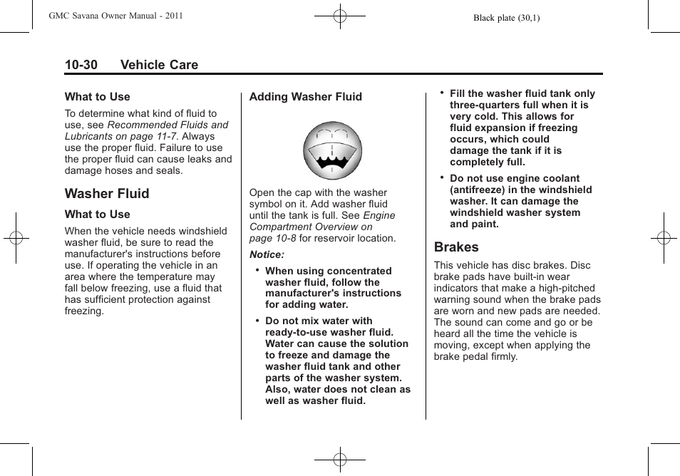Washer fluid, Brakes, Washer fluid -30 brakes -30 | Halogen, Headlamps, 30 vehicle care | GMC 2011 Savana User Manual | Page 296 / 410