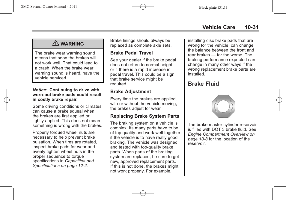 Brake fluid, Brake fluid -31 | GMC 2011 Savana User Manual | Page 297 / 410