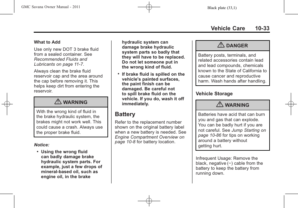 Battery, Battery -33 | GMC 2011 Savana User Manual | Page 299 / 410