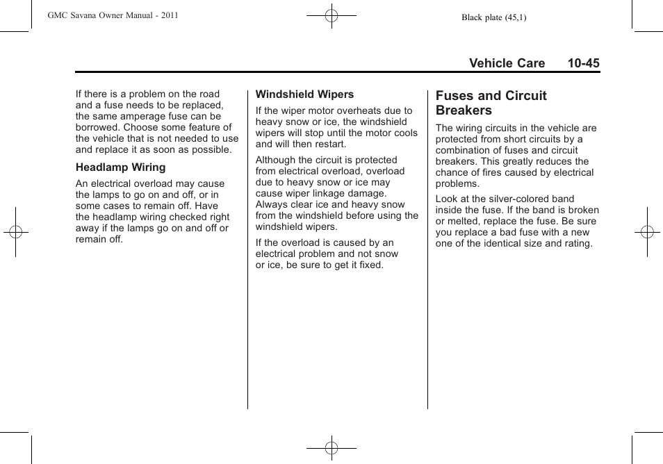 Fuses and circuit breakers, Fuses and circuit, Breakers -45 | GMC 2011 Savana User Manual | Page 311 / 410
