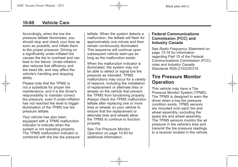 Tire pressure monitor operation, Tire pressure monitor, Operation -60 | GMC 2011 Savana User Manual | Page 326 / 410