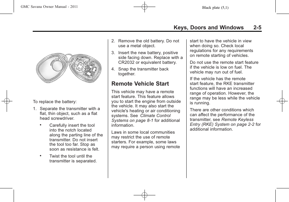 Remote vehicle start, Remote vehicle start -5, Keys, doors and windows 2-5 | GMC 2011 Savana User Manual | Page 33 / 410