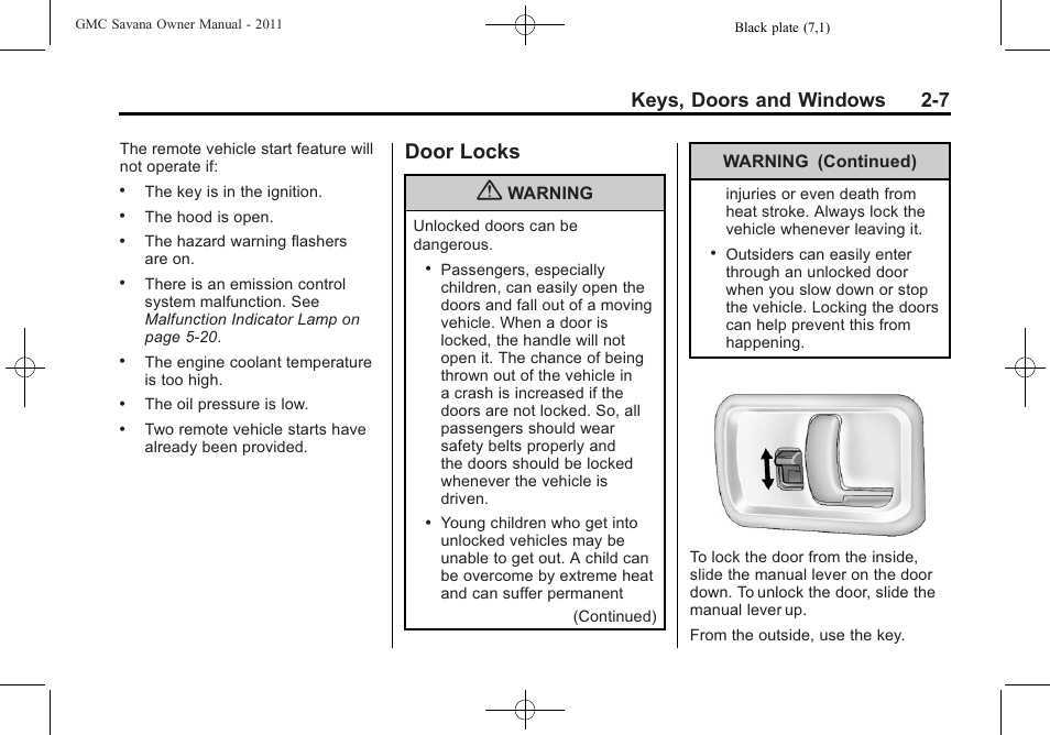 Door locks, Door locks -7, Keys, doors and windows 2-7 | GMC 2011 Savana User Manual | Page 35 / 410