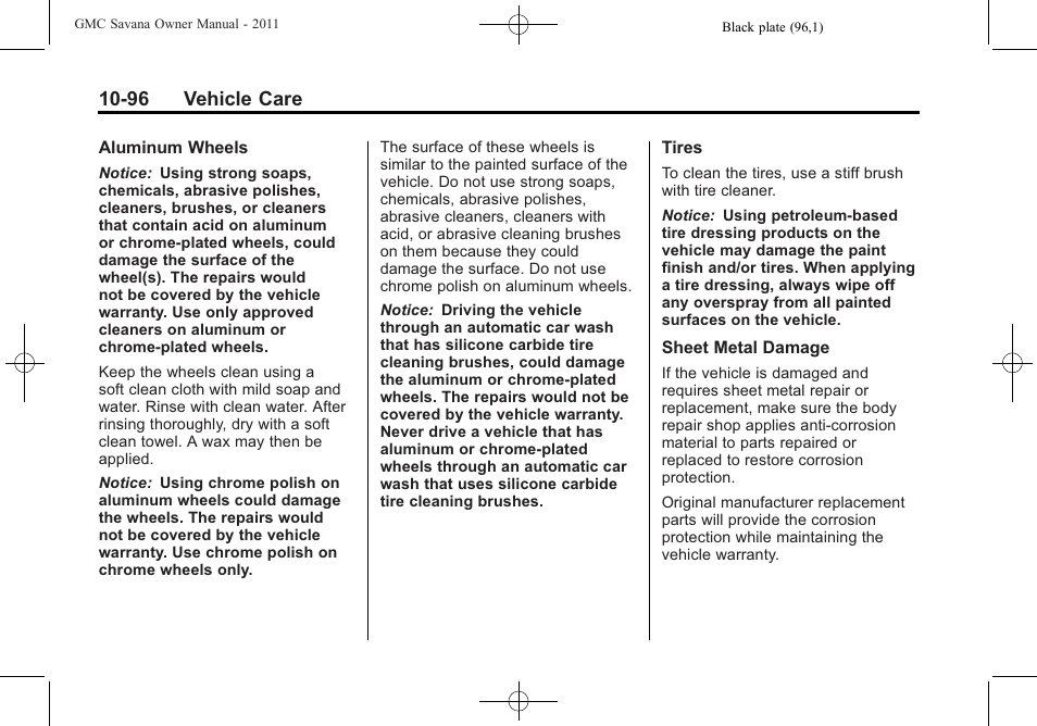 96 vehicle care | GMC 2011 Savana User Manual | Page 362 / 410