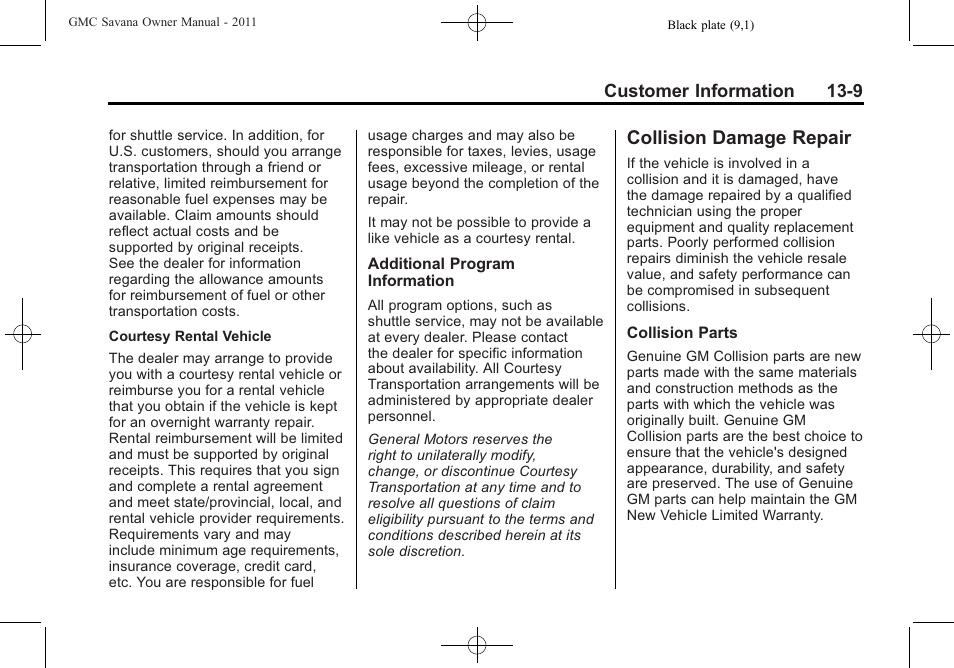 Collision damage repair, Collision damage repair -9 | GMC 2011 Savana User Manual | Page 391 / 410
