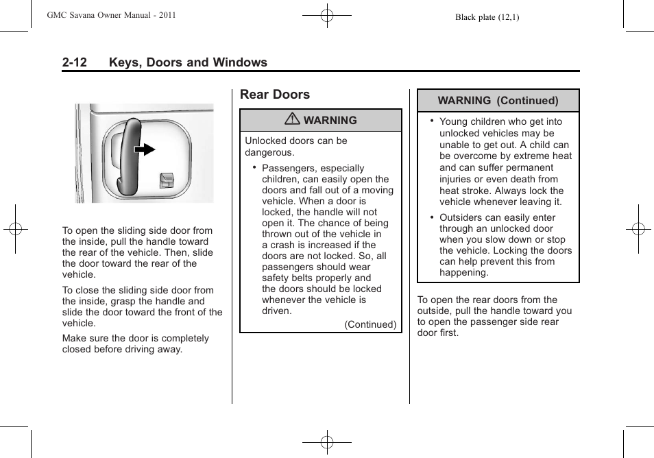 Rear doors, Rear doors -12, 12 keys, doors and windows | GMC 2011 Savana User Manual | Page 40 / 410