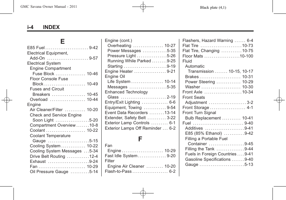 Index_e, Index_f, I-4 index | GMC 2011 Savana User Manual | Page 402 / 410