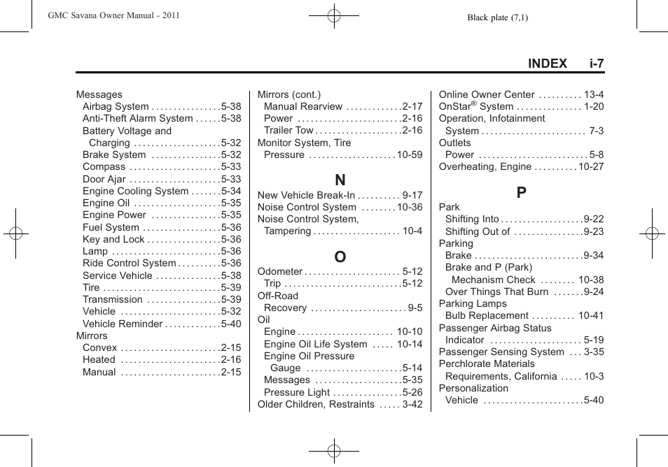 Index_n, Index_o, Index_p | Index i-7 | GMC 2011 Savana User Manual | Page 405 / 410