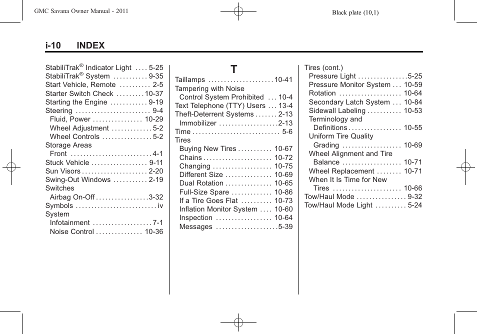 Index_t, I-10 index | GMC 2011 Savana User Manual | Page 408 / 410