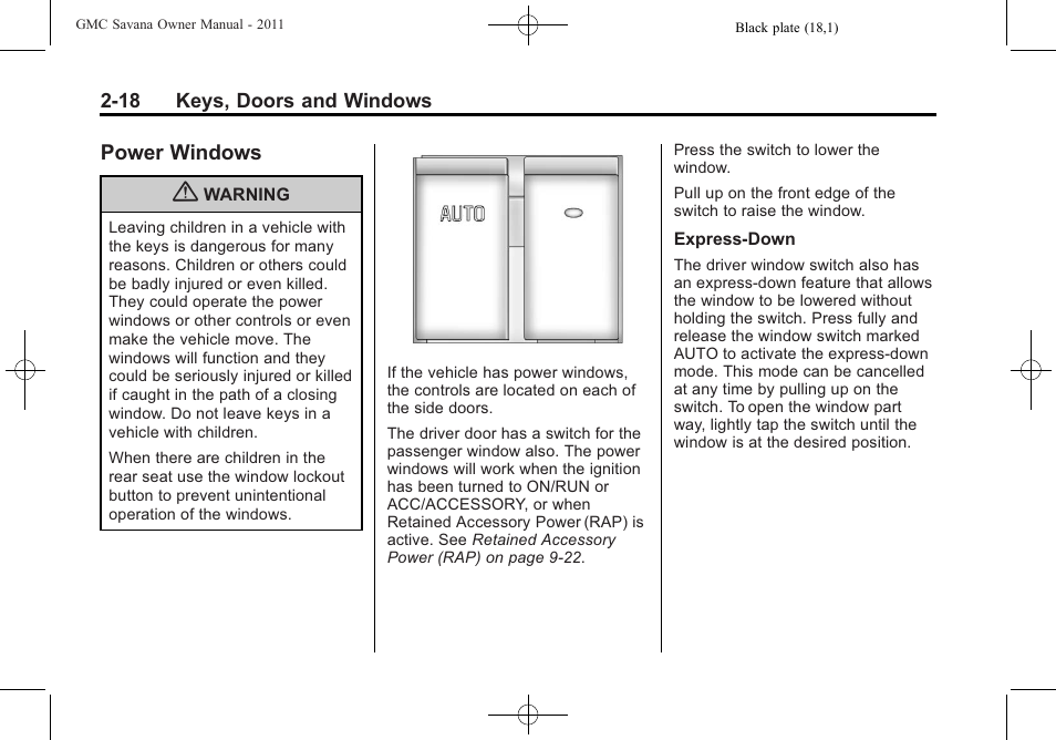 Power windows, Power windows -18 | GMC 2011 Savana User Manual | Page 46 / 410
