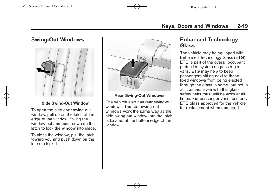 Swing-out windows, Enhanced technology glass, Swing-out windows -19 enhanced technology | Glass -19 | GMC 2011 Savana User Manual | Page 47 / 410