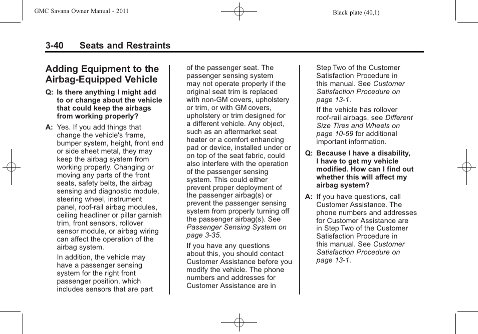 Adding equipment to the airbag-equipped vehicle, Adding equipment to the, Airbag-equipped vehicle -40 | GMC 2011 Savana User Manual | Page 88 / 410