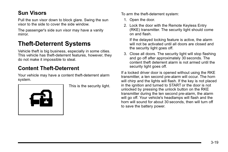 Sun visors, Theft-deterrent systems, Content theft-deterrent | Theft-deterrent systems -19, Sun visors -19, Content theft-deterrent -19 | GMC 2010 Sierra User Manual | Page 157 / 658