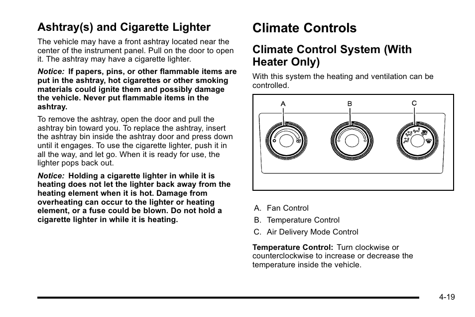 Ashtray(s) and cigarette lighter, Climate controls, Climate control system (with heater only) | Climate controls -19, Ashtray(s) and, Climate control system (with heater only) on, Ashtray(s) and cigarette lighter -19, Climate control system (with heater only) -19 | GMC 2010 Sierra User Manual | Page 243 / 658