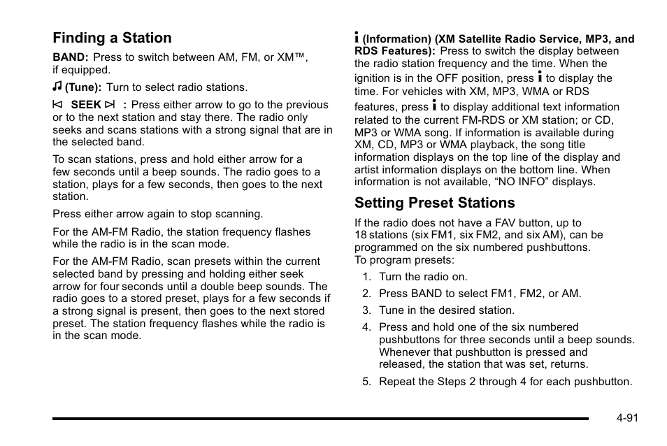 Finding a station, Setting preset stations | GMC 2010 Sierra User Manual | Page 315 / 658