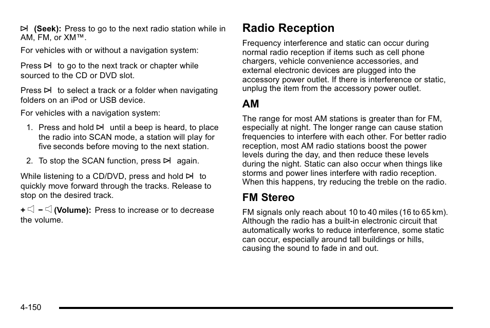 Radio reception, Reception -150, Fm stereo | GMC 2010 Sierra User Manual | Page 374 / 658