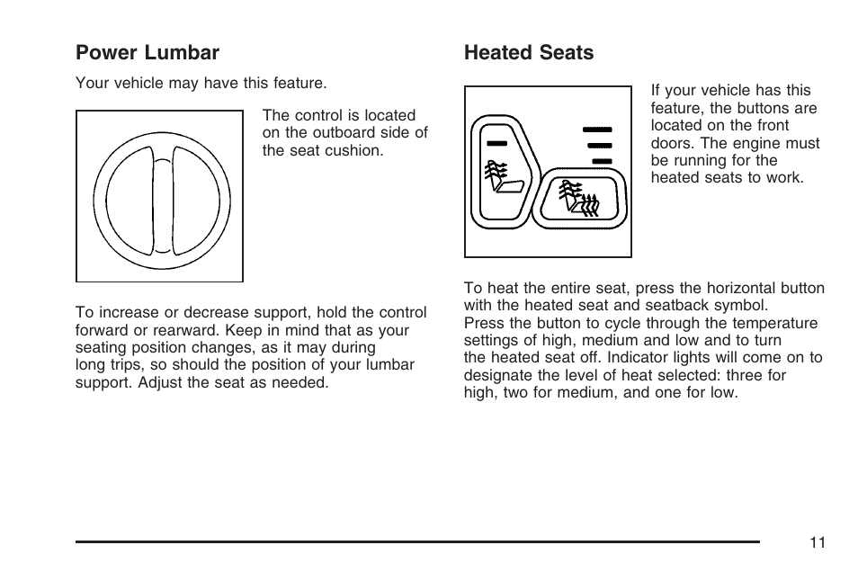 Power lumbar, Heated seats, Power lumbar heated seats | GMC 2007 Sierra User Manual | Page 11 / 674