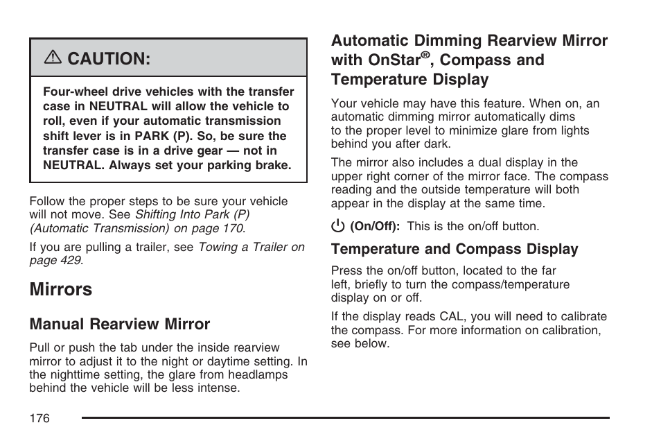 Mirrors, Manual rearview mirror, Onstar | Compass and temperature, Display, Caution | GMC 2007 Sierra User Manual | Page 176 / 674