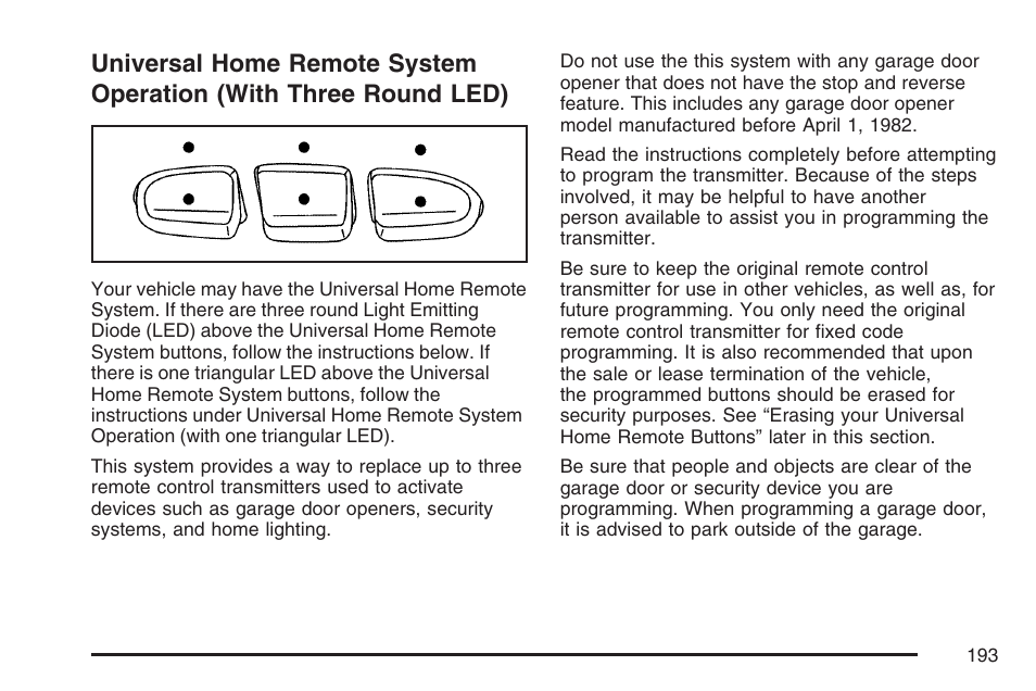 Universal home remote system, Operation (with three round led) | GMC 2007 Sierra User Manual | Page 193 / 674
