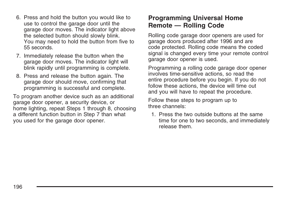 Programming universal home remote — rolling code | GMC 2007 Sierra User Manual | Page 196 / 674