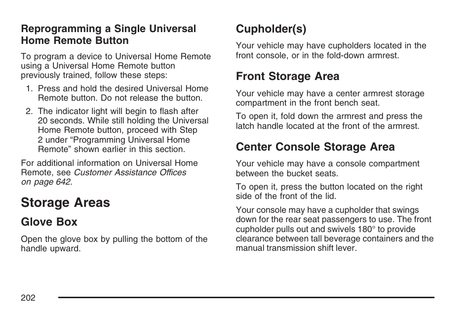 Storage areas, Glove box, Cupholder(s) | Front storage area, Center console storage area | GMC 2007 Sierra User Manual | Page 202 / 674