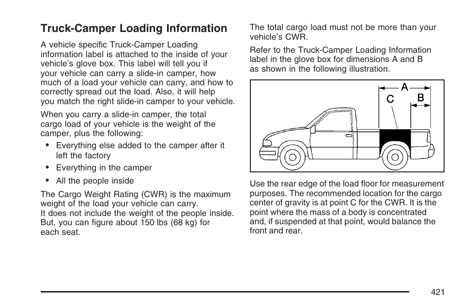 Truck-camper loading information | GMC 2007 Sierra User Manual | Page 421 / 674