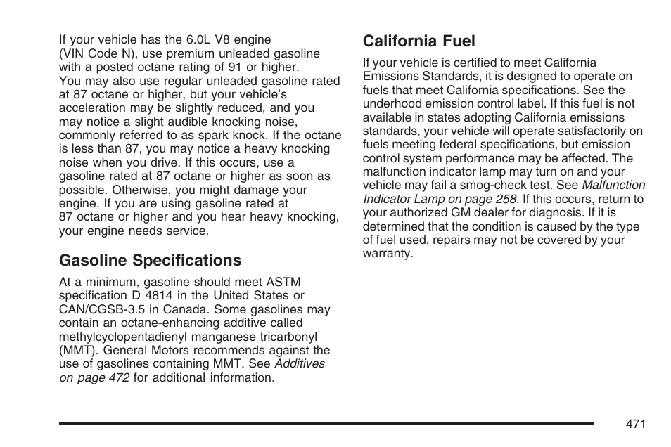 Gasoline specifications, California fuel, Gasoline specifications california fuel | GMC 2007 Sierra User Manual | Page 471 / 674