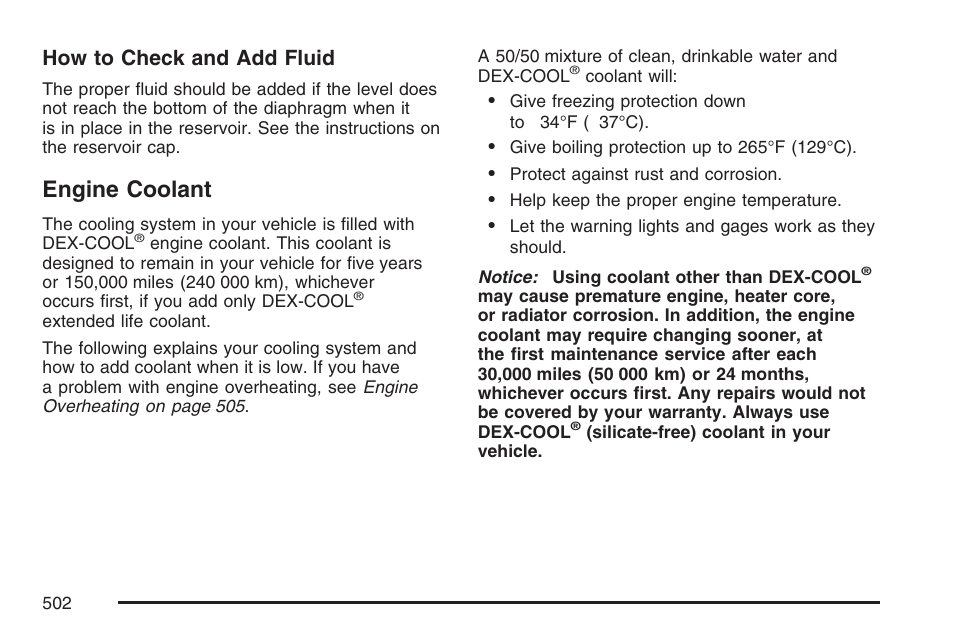 Engine coolant, How to check and add fluid | GMC 2007 Sierra User Manual | Page 502 / 674