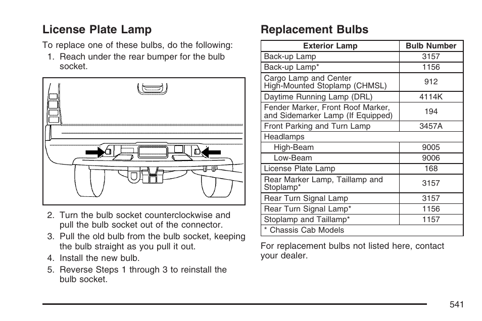 License plate lamp, Replacement bulbs, License plate lamp replacement bulbs | GMC 2007 Sierra User Manual | Page 541 / 674