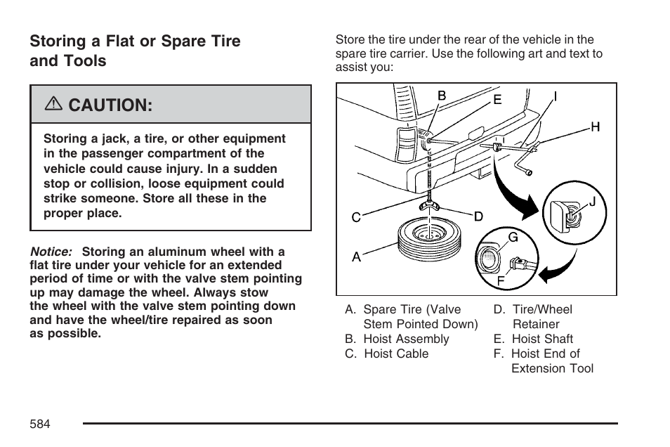 Storing a flat or spare tire and tools, Caution | GMC 2007 Sierra User Manual | Page 584 / 674