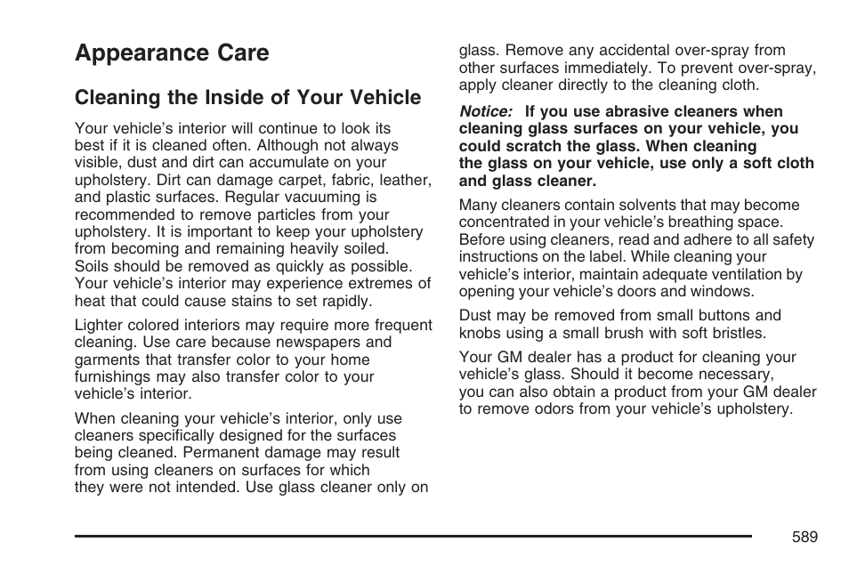 Appearance care, Cleaning the inside of your vehicle | GMC 2007 Sierra User Manual | Page 589 / 674