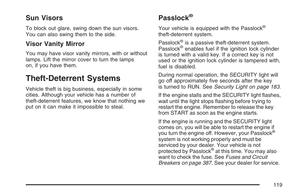 Sun visors, Theft-deterrent systems, Passlock | Visor vanity mirror | GMC 2007 Savana User Manual | Page 119 / 452
