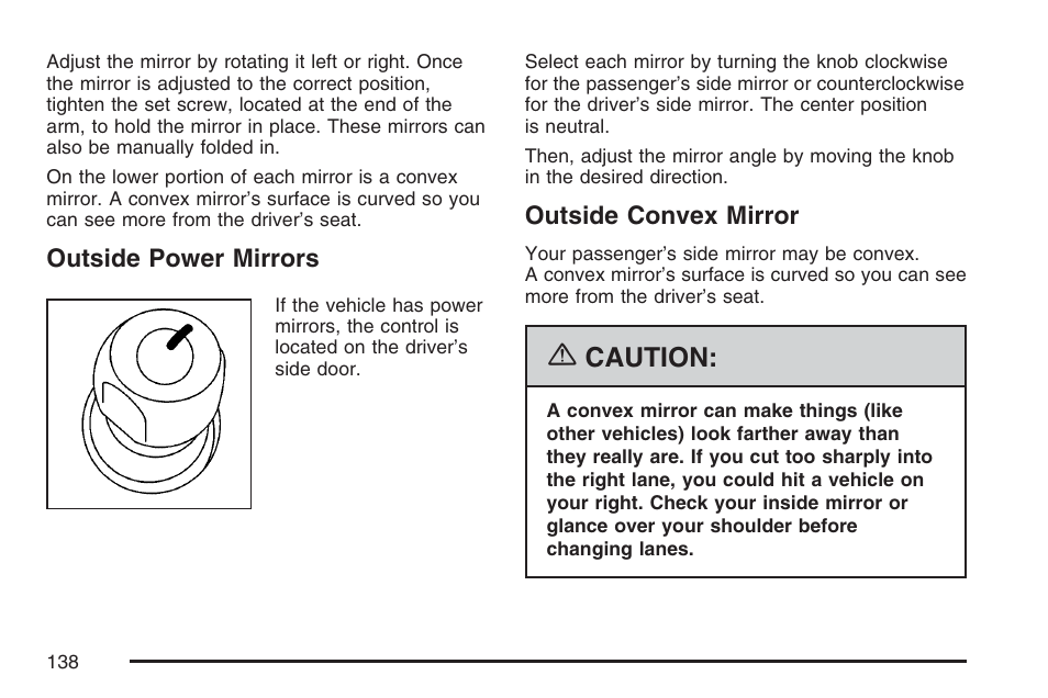 Outside power mirrors, Outside convex mirror, Outside power mirrors outside convex mirror | Caution | GMC 2007 Savana User Manual | Page 138 / 452