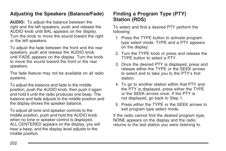 Adjusting the speakers (balance/fade), Finding a program type (pty) station (rds) | GMC 2007 Savana User Manual | Page 202 / 452