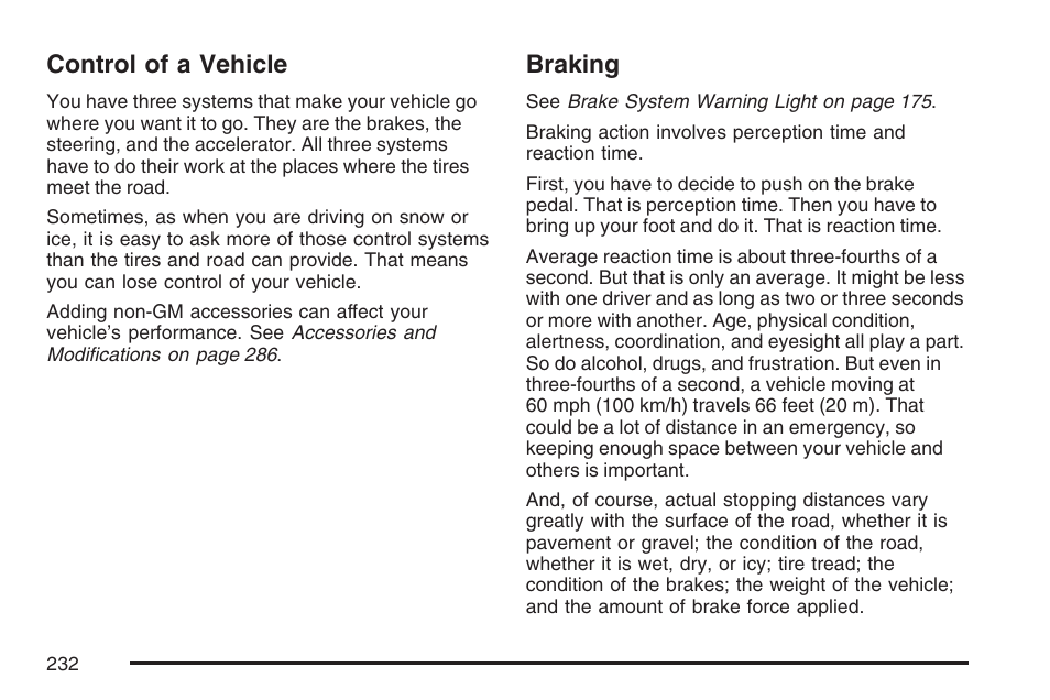 Control of a vehicle, Braking, Control of a vehicle braking | GMC 2007 Savana User Manual | Page 232 / 452