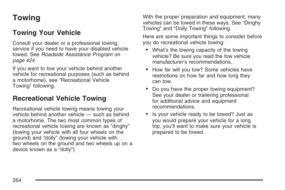Towing, Towing your vehicle, Recreational vehicle towing | Towing your vehicle recreational vehicle towing | GMC 2007 Savana User Manual | Page 264 / 452