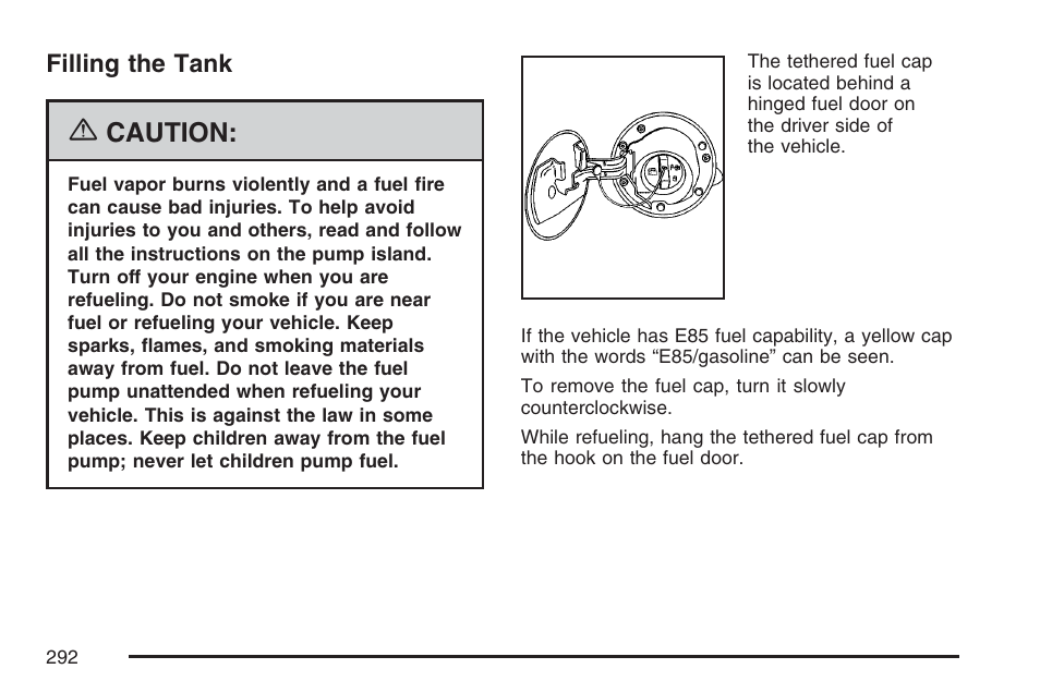 Filling the tank, Caution | GMC 2007 Savana User Manual | Page 292 / 452