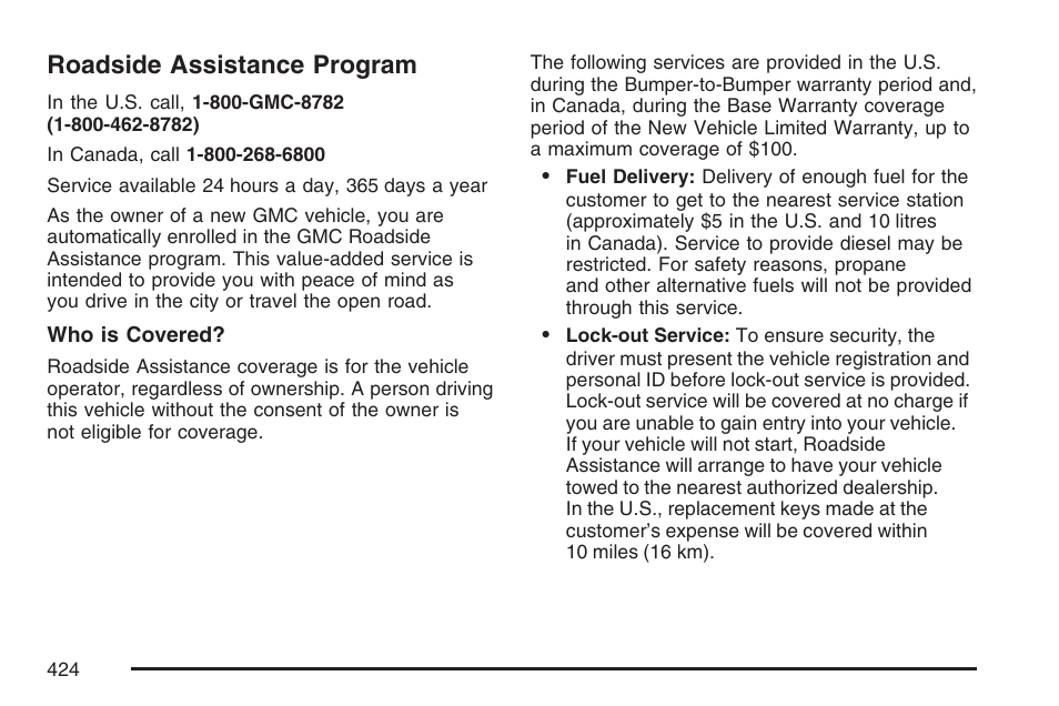 Roadside assistance program | GMC 2007 Savana User Manual | Page 424 / 452