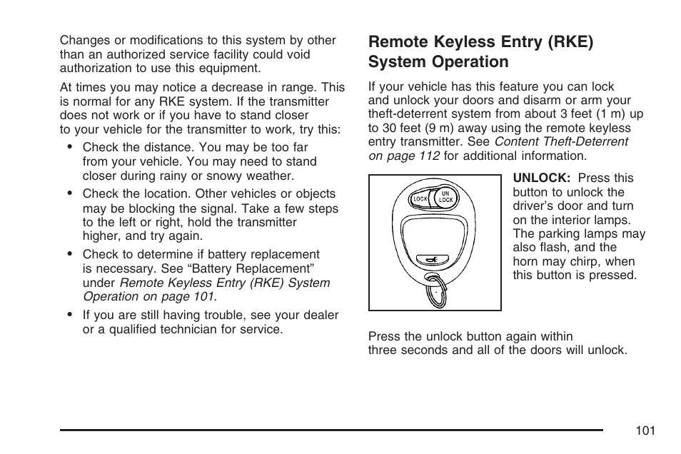 Remote keyless entry (rke) system operation, Remote keyless entry (rke), System operation | GMC 2007 Canyon User Manual | Page 101 / 492